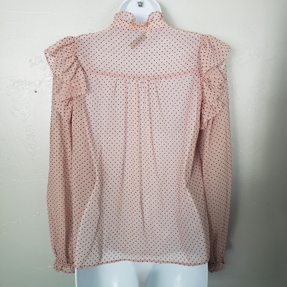 Zara Women's Small Sheer Light Pink Long Sleeve Blouse Red Velvet Polka Dots Top - Picture 4 of 9